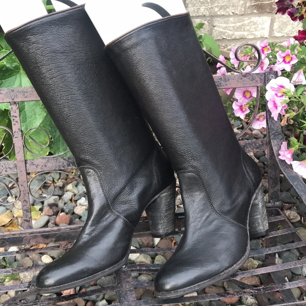 ☀️ N.D.C Black Leather mid-calf heeled boots - Picture 1 of 15